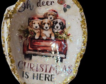 Handmade Shell Christmas Ornament, Puppies in Red Truck