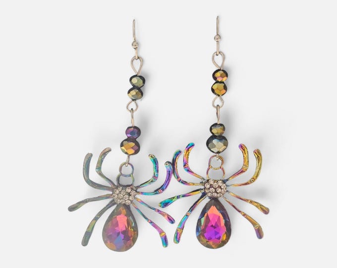 Silver Spider Dangle Earrings With Rainbow Crystals