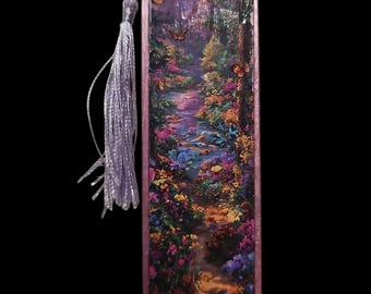 Handmade Acrylic Bookmark with Tassle: Mystical Wonderland Large Bookmark Full Moon Butterflies