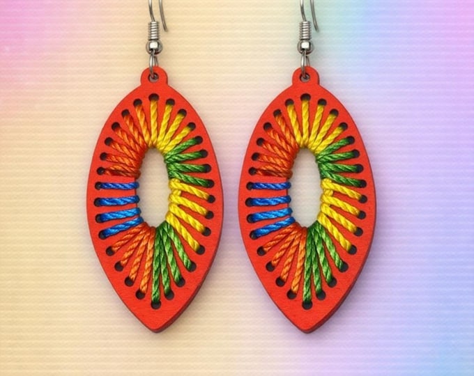 Handcrafted Red Wood Thread Earrings | Rainbow Dangles | Colorful Boho Jewelry