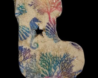 Santa Boot Christmas Ornament, Handmade Wood Ornament Under the Sea