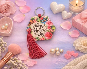 Floral Wood Purse Charm – “Mom” Hexagon Zipper Charm with Tassel - Mother's Day Gift