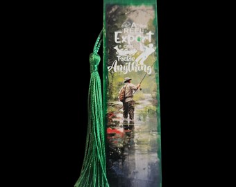 Fishing Handmade Wooden Bookmark with Tassle: Wood Bookmark, Fisherman, Fish
