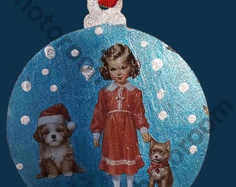 Handmade Christmas Ornament: Poinsettia and Girl with Her Dogs