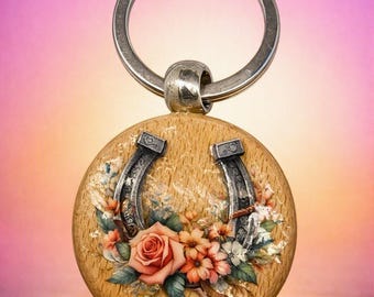 Wood Horseshoe Keyring | Round Wooden Keychain | Rustic Farm Key Ring