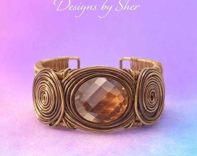 Wire Wrapped Smoky Quartz Bracelet | Handmade Brass Cuff | Boho Artisan Bracelet | Gift for Her •