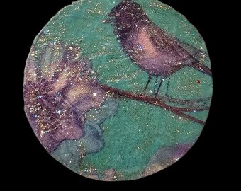 Decoupage Bird and Flower Wood Christmas Ornament