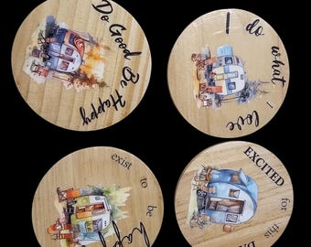 Camping Wood Coasters: Handmade Camper Round Wooden Coasters