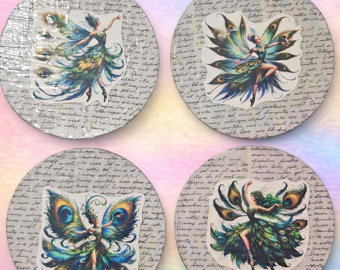 Whimsical Fairy Art Prints – Peacock Wing Illustration Set (4 Inch Coasters)