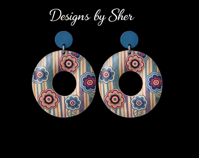 Wood Floral Statement Earrings – Handcrafted Colorful Wooden Hoops with Blue Studs | Designs by Sher