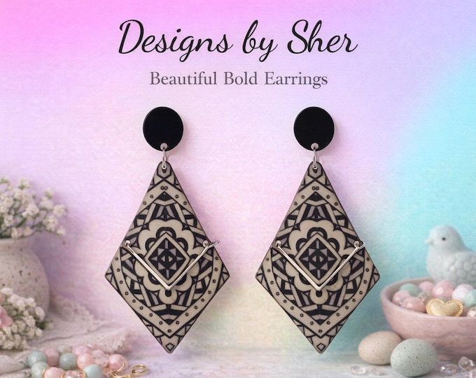 Geometric Dangle Earrings | Handmade Tribal Pattern with Silver Accent | Designs by Sher