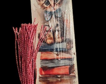Handmade Wood Bookmark with Lavender Tassle: Cat Kitten Wooden Bookmark
