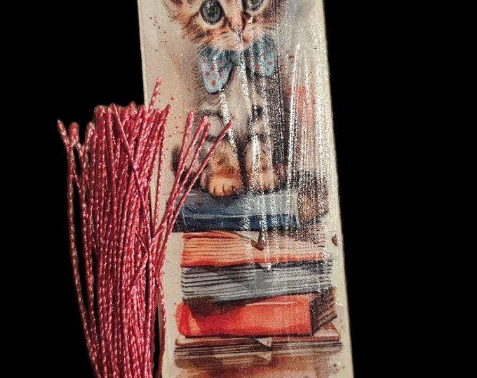 Bookmark Kitten Wood Bookmark: One-Of-A-Kind Cat Wooden Page Marker with Lavender Tassel