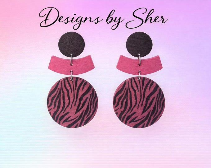Pink and Black Zebra Print Wood Earrings | Lightweight Boho Wooden Dangles
