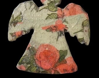 Handmade Wood Angel Christmas Ornament, Rose Decoupage