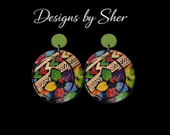 Boho Floral Statement Earrings | Handcrafted Wood Studs |Colorful Dangle Jewelry by Designs by Sher