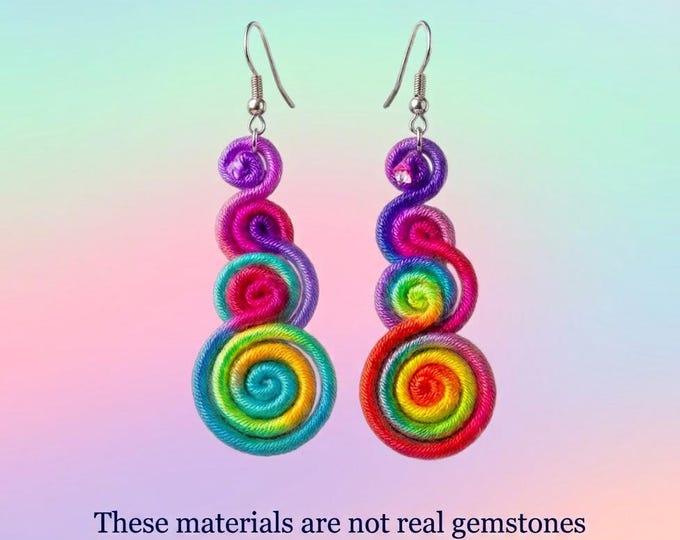 Rainbow Spiral Thread Earrings – Colorful Coiled Fiber Art Jewelry – Lightweight Boho Statement Dangle Earrings by Designs by Sher