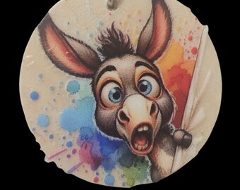 Handmade Donkey Wood Keychain: Double Sided Round Wooden Keychain Farm