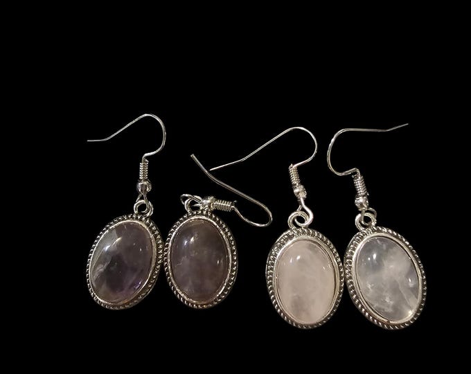 Handmade Oval Stone Earrings: Amethyst or Crystal