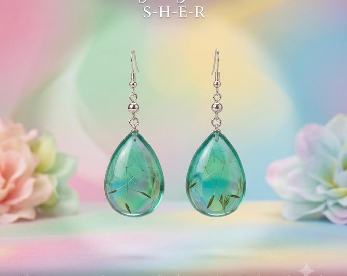 Teardrop Dandelion Seed Resin Drop Earrings, Aqua Blue Translucent Botanical Jewelry