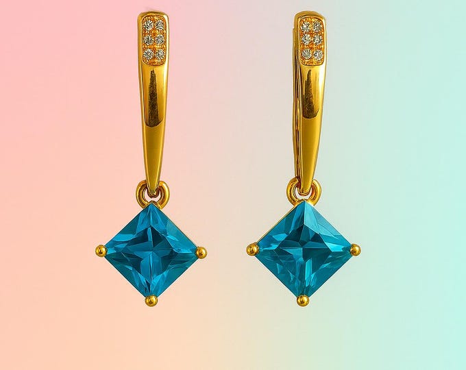 Blue Topaz Square Cut Dangle Earrings | 18k Gold Plated with Zircon Accents