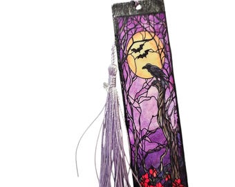 Handmade Wooden Bookmark with Tassle: Gothic Wood Bookmark - Black Cat, Crows