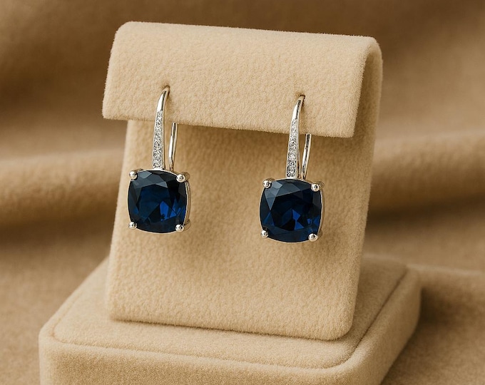 Sapphire 925 Silver Earrings | Handmade Synthetic Sapphire Lever Backs