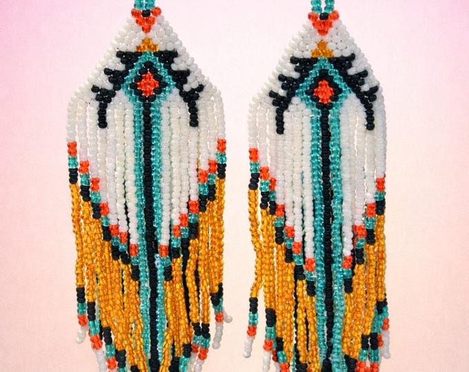 Handmade Beaded Fringe Earrings – Turquoise, Gold & White Boho Statement Jewelry | Designs by Sher®