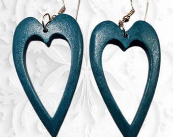 Blue Wood Heart Earrings: Turquoise Wooden Dangle Earrings