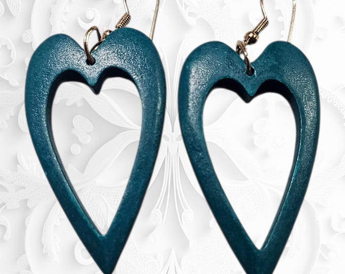 Featured listing image: Blue Wood Heart Earrings: Turquoise Wooden Dangle Earrings