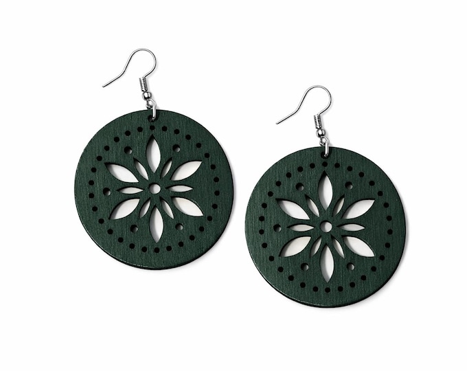 Handmade Black Floral Cut-Out Earrings – Handcrafted Wooden Dangles with Elegant Detail