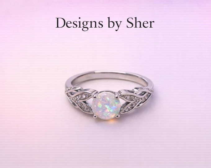 Synthetic Opal Filigree Ring in Silver | Size 5 | Crystal Accents