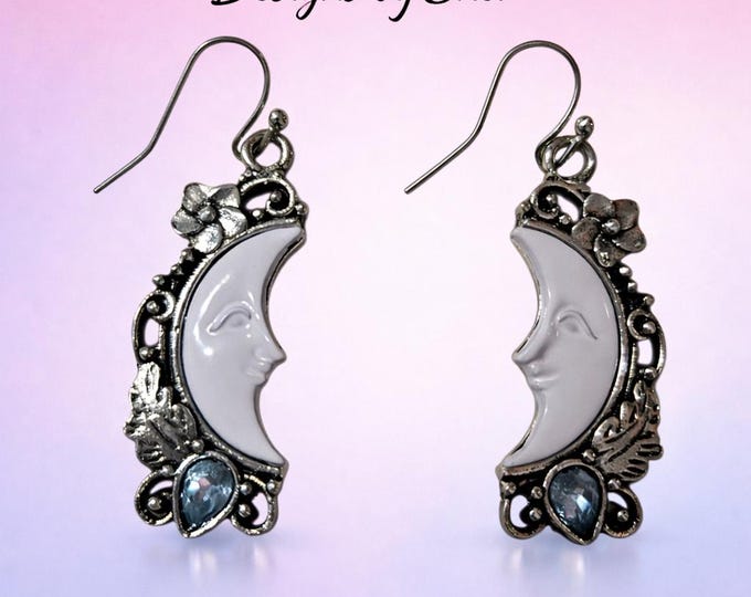 Crescent Moon Dangle Earrings | Silver & White Enamel Blue Gemstone Celestial Jewelry