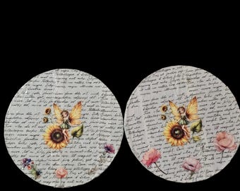 Handmade Fairy Wood Coasters: One-Of-A-Kind 2 Wooden Coasters Fairies and Flowers