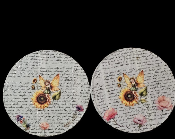 Handmade Fairy Wood Coasters: One-Of-A-Kind 2 Wooden Coasters Fairies and Flowers