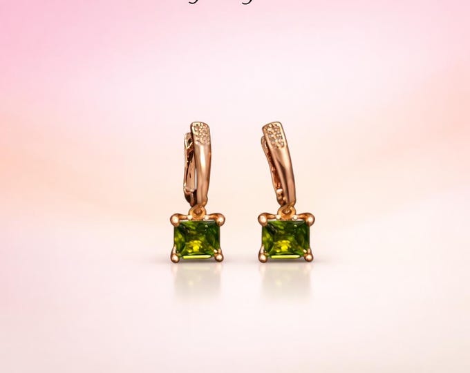 Square-Cut Green Peridot Gemstone Dangle Earrings | 18kt Gold Lever-Back Designs by Sher