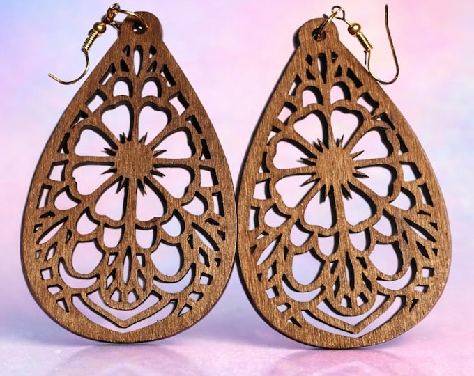 Handmade Wood Teardrop Earrings – Laser-Cut Filigree Floral Boho Jewelry