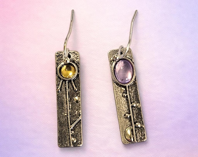 Beachside Artisan Earrings – Silver Rectangle Dangles with Yellow & Purple Gemstones | Coastal Boho Jewelry