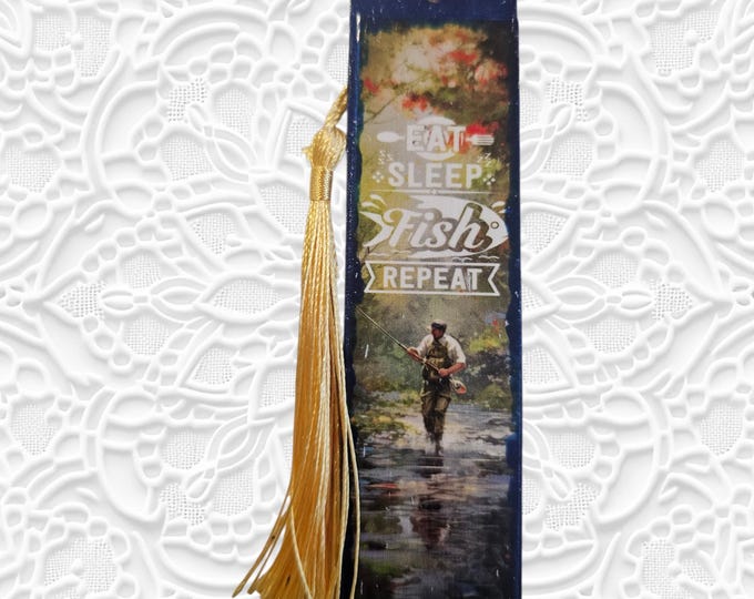 Handmade Fishing Wood Bookmark: Wooden Page Marker with Tassel, Fisherman, Fish