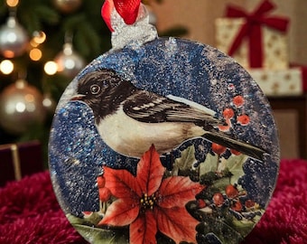 Handmade Christmas Ornament: Bird on Poinsettia, Boy and Girl with Santa Hats
