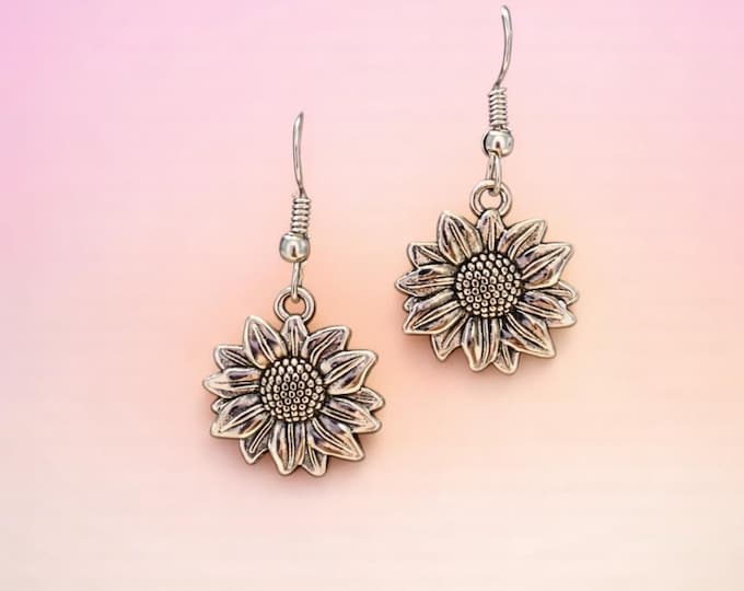Silver Flower Earrings | Sunflower Dangle Earrings | Daisy Drop Earrings | Handmade Coastal Bloom Jewelry