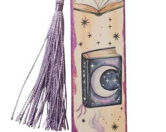 Purple Handmade Wooden Bookmark with Tassle: Wood Bookmark, Stars, Moon, Spell Book