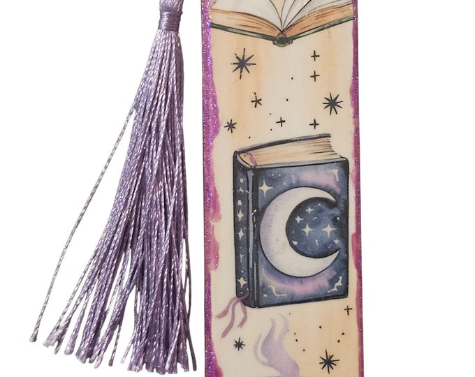 Handmade Metaphysical Wood Bookmark: Wooden Bookmark with Tassel, Stars, Moon, Spell Book