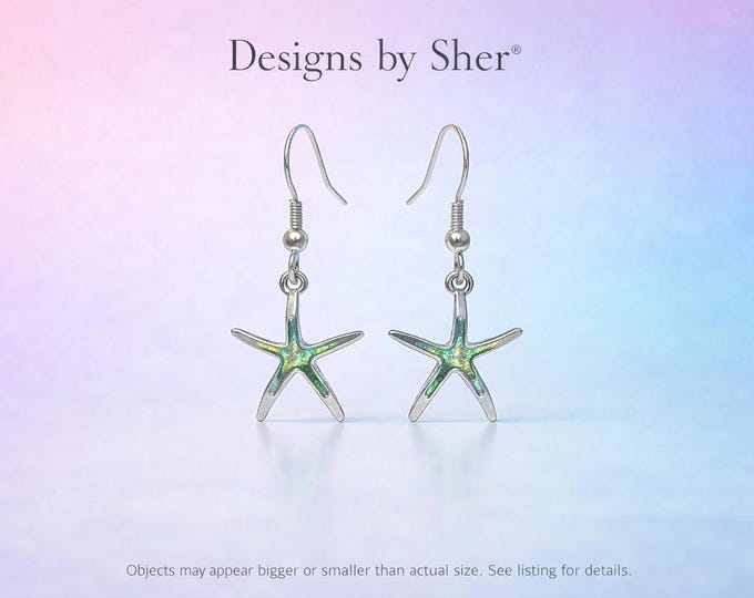 Iridescent Starfish Dangle Earrings — Coastal Green & Blue Enamel, Silver Outline, Beach‑Inspired Jewelry