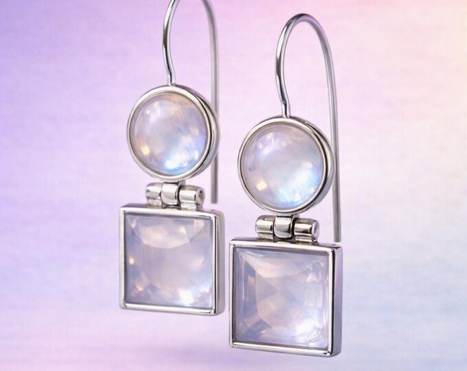 Moonstone Dangle Earrings — Silver Bezel Set, Iridescent Blue Glow, Elegant Artisan Design