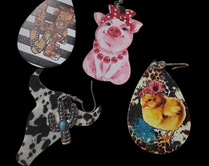 Handmade Leather Teardrop Farm Earrings: 4 Variations Highland Cow, Chick, Pig, Bull