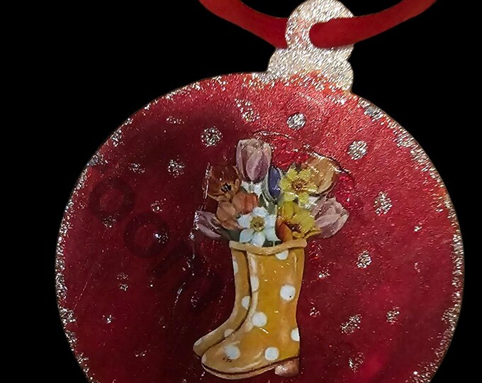 Handmade Rain Boots Acrylic Christmas Ornament: One-Of-A-Kind Holiday Decor, Flowers