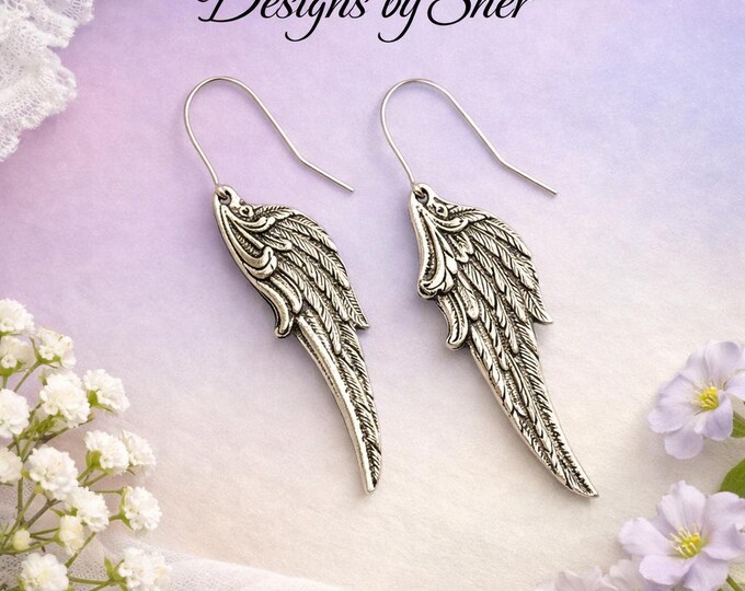 Antiqued Silver Angel Wing Feather Dangle Earrings – Boho Beach Jewelry