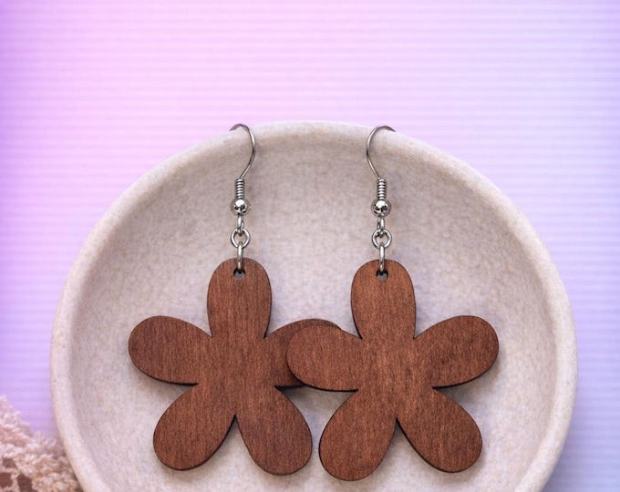 Rustic Wood Flower Dangle Earrings – Handcrafted Boho Jewelry
