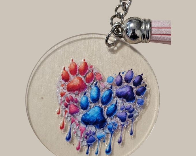 Handmade Puppy Dog Paw Print Keychain: One-Of-A-Kind Acrylic Heart Key Chain with Pink Tassel